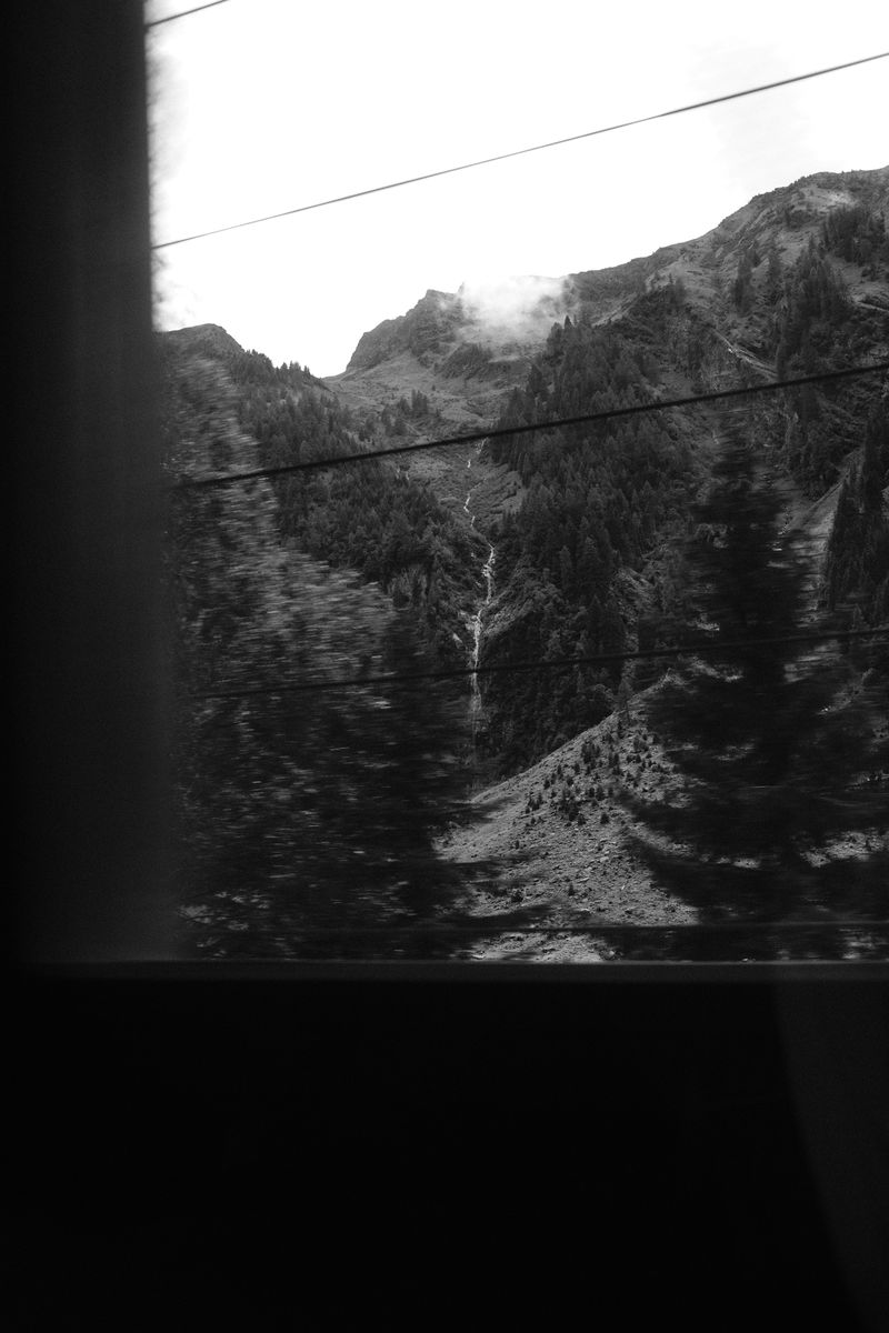 Mountains through a window, black and white