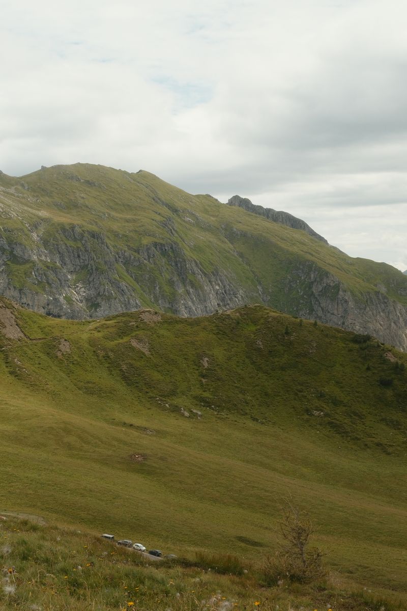 Green mountain slope under grey sky